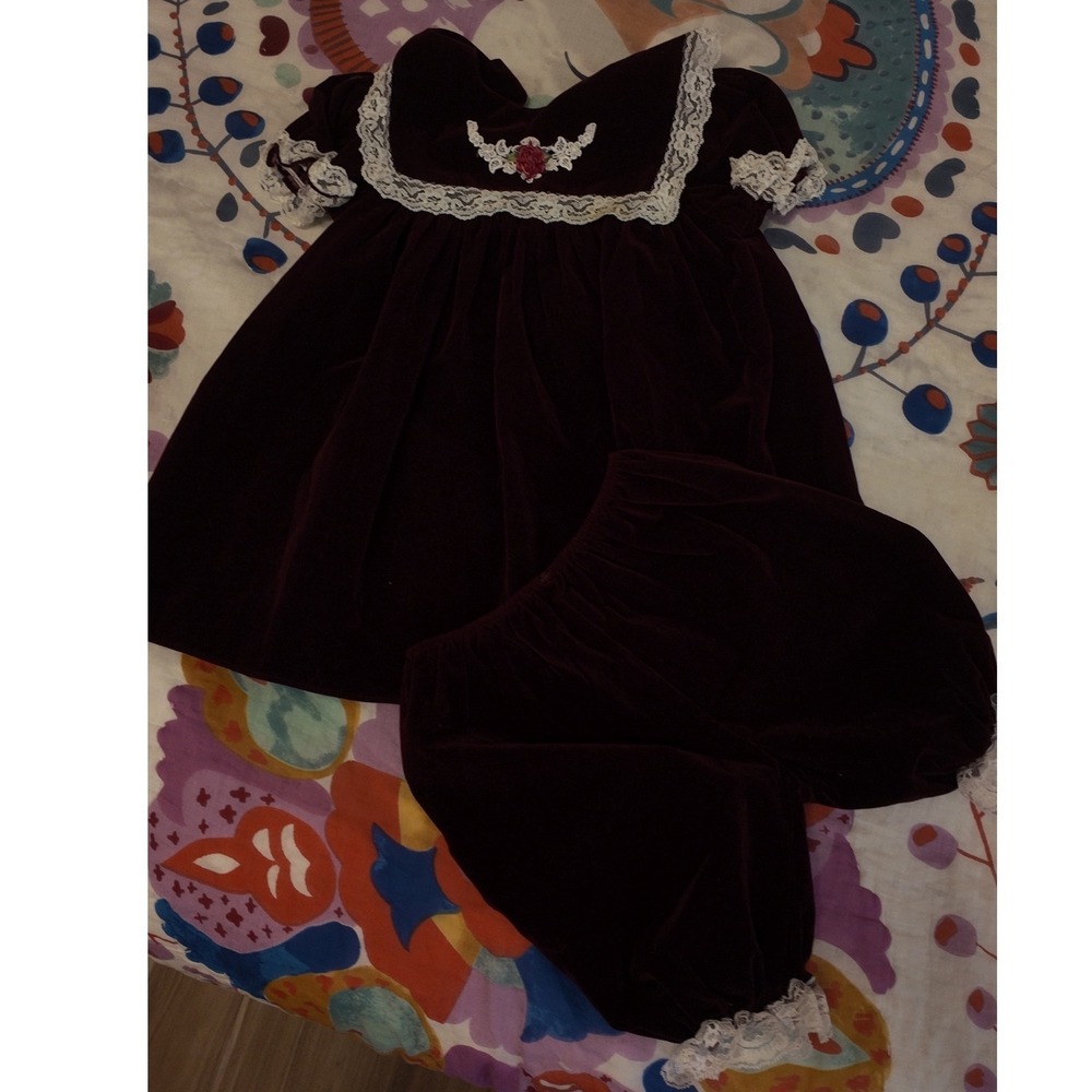 Vintage Jo Lene Burgundy Velvet Lace Dress Bloomers Set 3T Holiday Retro h5